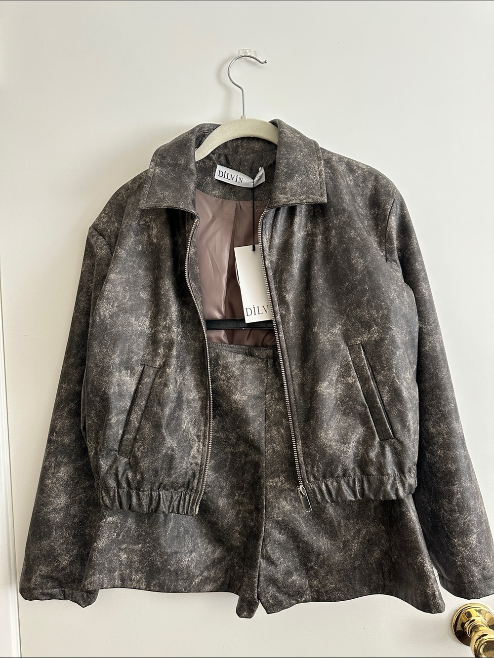Distressed Black Faux-Leather Bomber Jacket and Skort SET